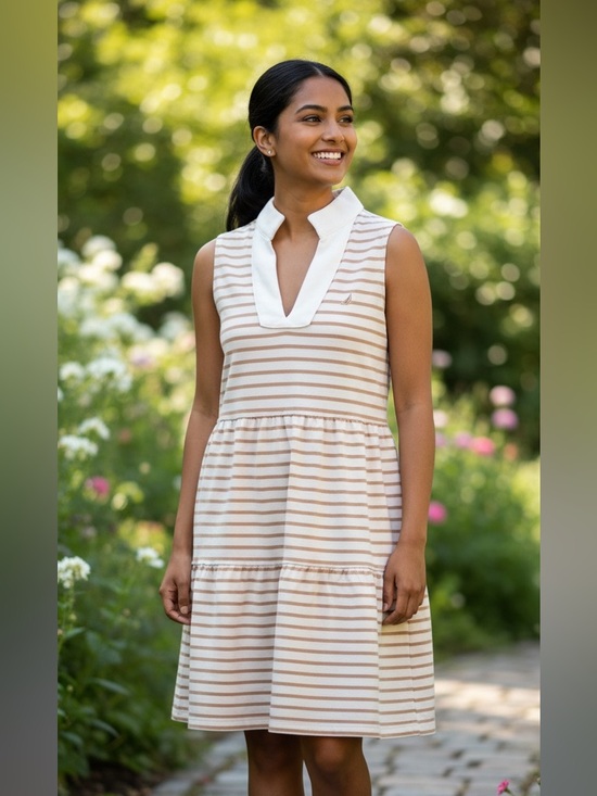 Nautica Dresses & Skirts - NWT | Nautica Tan and White Striped Preppy Dress | Size Small
